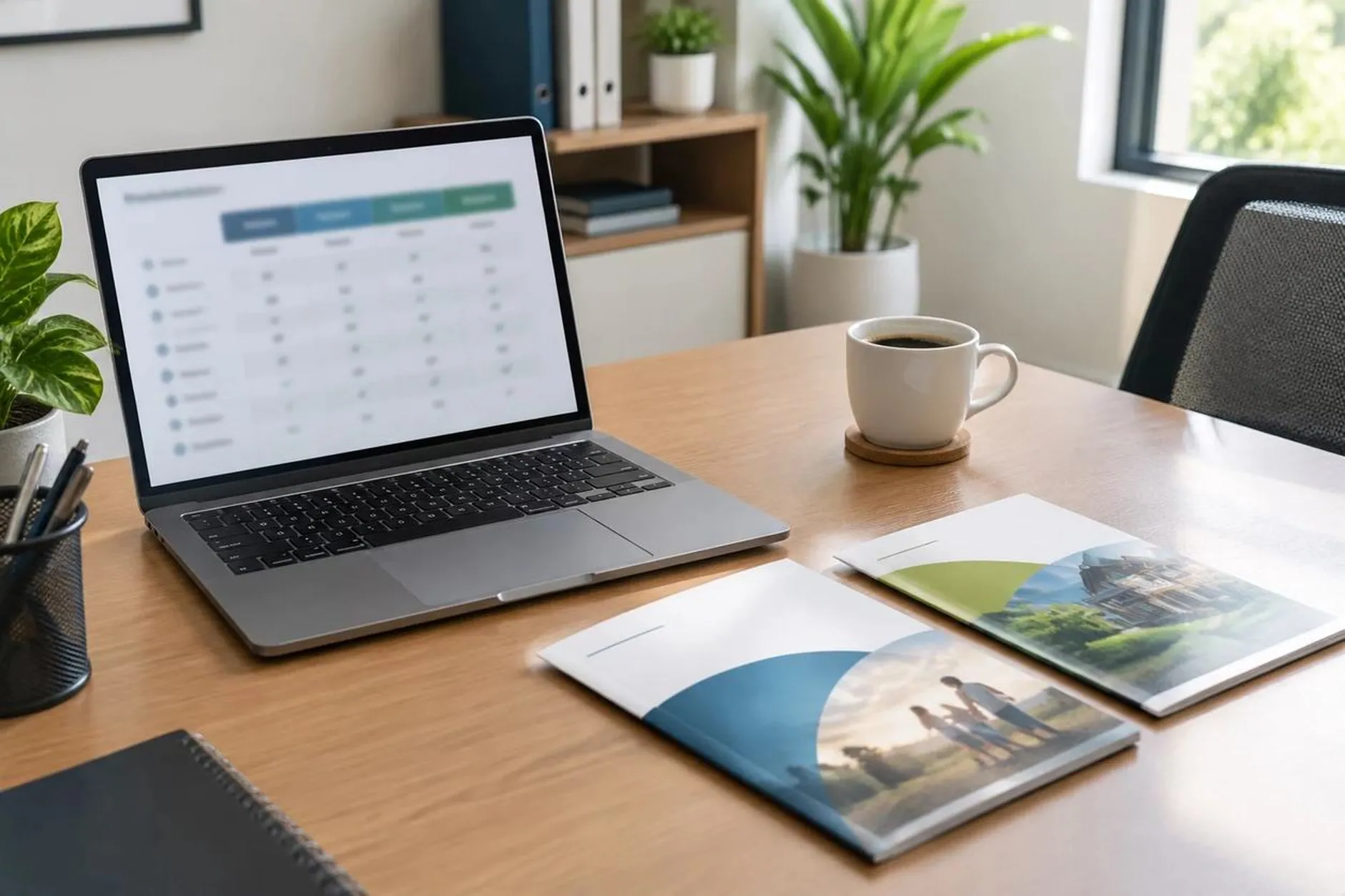 Notebook com comparação de cotações ao lado de duas apólices impressas