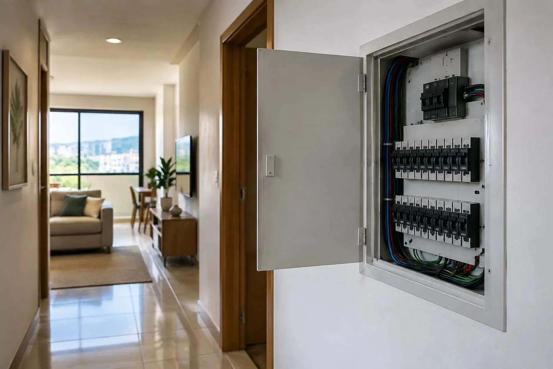 Quadro de disjuntores aberto no corredor de uma casa